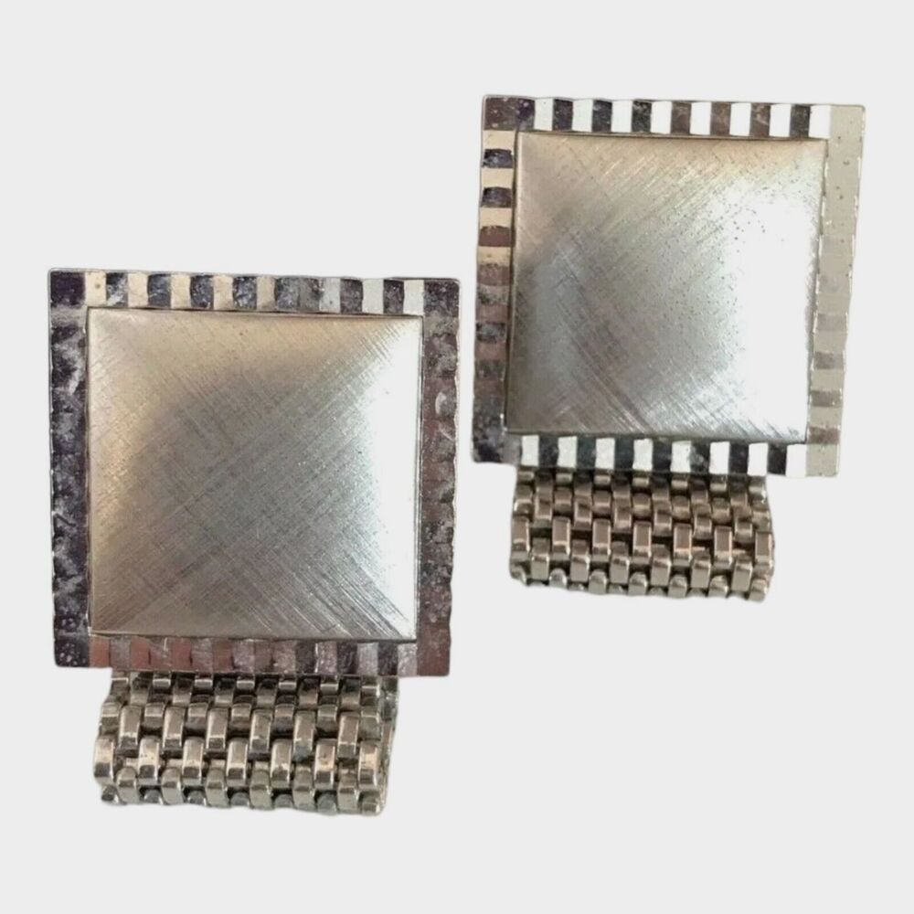 Vintage 1960s Square Cufflinks Silver Tone Brushed Finish Mesh Mid Century - 3B